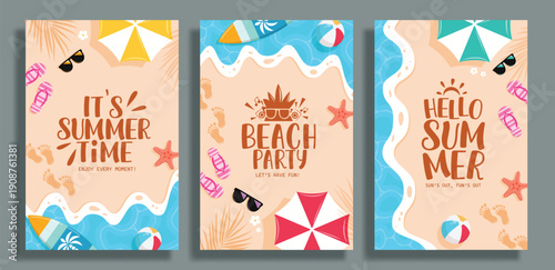 Summer beach party invitation clipart poster design. Summer time invitation card template and hello Summer greeting text clip art in tropical beach background with footprints in sand and tropical 