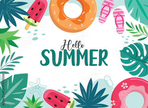 Hello Summer greeting clipart design. Hello Summer text clip art with summer elements like tropical leaves, popsicle, flipflop and floater border beach background for holiday vacation vector 