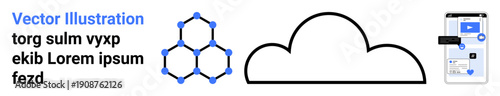 Digital transformation, cloud storage, computing services, network connectivity, app development, mobile technology. Hexagonal network design, cloud shape and mobile app UI on a smartphone. Digital