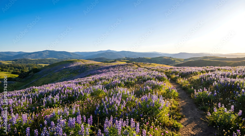 Fototapeta premium Expansive vista of a rolling landscape adorned with vibrant purple wildflowers under a clear blue sky
