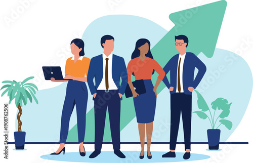 Successful business team of professional people stands together, with a large rising green arrow behind them symbolising growth and progress in a flat design vector illustration.