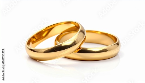 Zwei goldene Eheringe ineinander verschlungen auf weißem Hintergrund