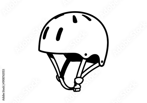 A black and white vector illustration of a helmet with straps, side view