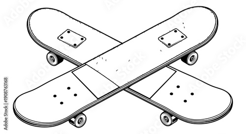 Crossed skateboards illustration showing wheels and decks in a vector graphic style