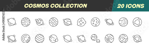 Collection of Icons of Cosmos and Planet. Suitable for books, stores, shops. Editable stroke in minimalistic outline style. Symbol for design