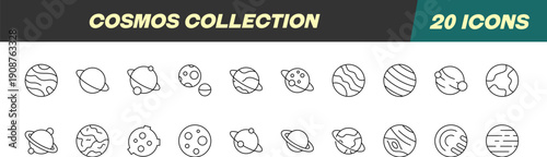 Signs of Cosmos and Planet for Shops and Stores. Suitable for books, stores, shops. Editable stroke in minimalistic outline style. Symbol for design