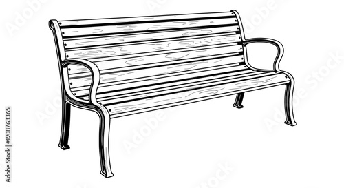 A wooden park bench with metal armrests and detailed wood grain vector illustration