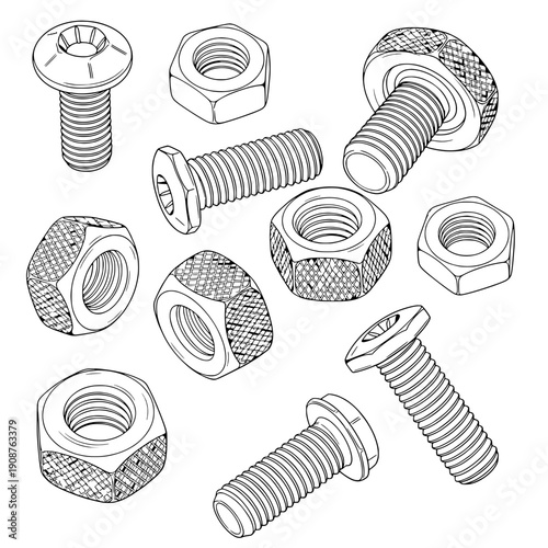 A scattered collection of mounting bolts and nuts in black and white vector illustration
