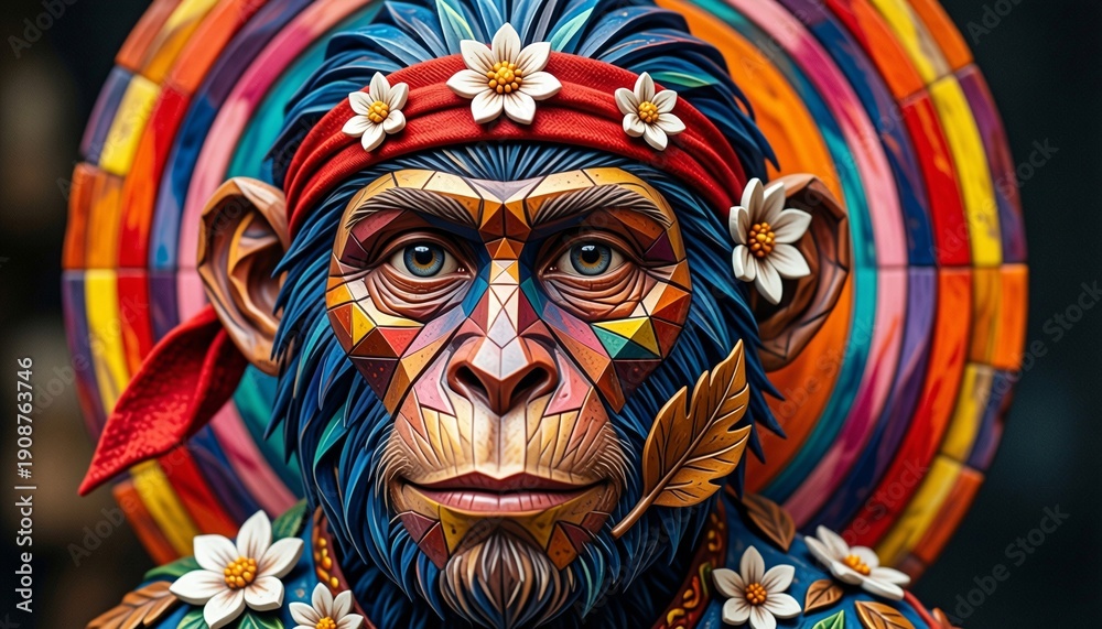 Fototapeta premium Geometric Monkey with Floral Headband
