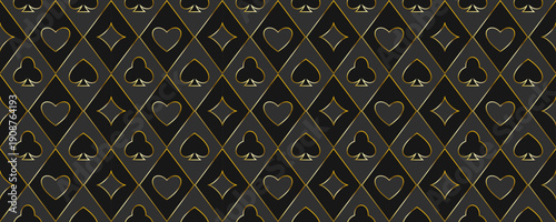 Dark grey playing cards pattern background. Gold outline vintage spades, hearts, diamonds, clubs symbols backdrop. Gambling concept texture. Retro poker or casino table theme wallpaper. Vector