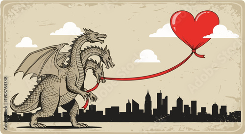 Three-Headed Dragon Holding a Heart Balloon Over City Skyline - Vintage Retro Style Valentine's Day Illustration for T-shirt Design