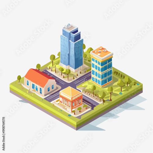 Modern Isometric City Block Layout Featuring Diverse Urban Buildings and Green Spaces for Urban Planning