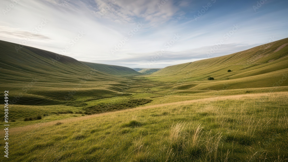 Fototapeta premium Wide landscape shot of a peaceful green valley showing rolling hills, meadows, and a bright partly cloudy sky.