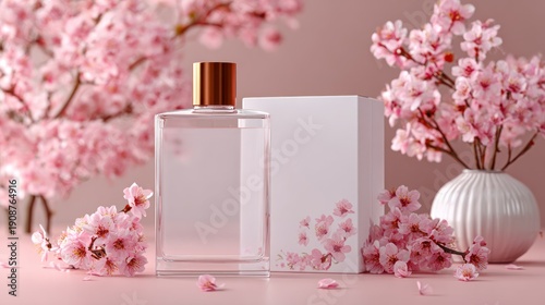 Perfume bottle and box with cherry blossoms against a pink background
