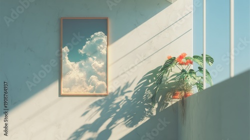 A cloudscape painting hangs on a textured wall beside a potted plant under sunlight