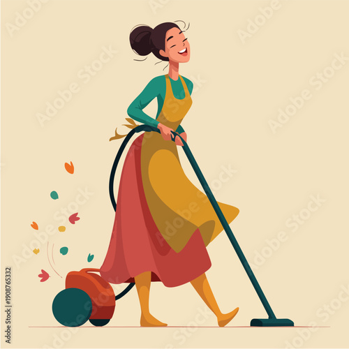 Woman Mowing Lawn with Push Lawn Mower Outdoors.