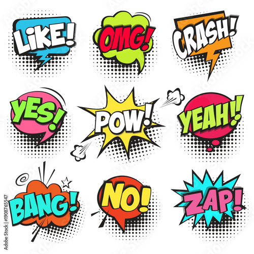 Vector set of comic book speech bubbles with halftone patterns. Colorful pop art sound effects including Pow, Zap, OMG, and Bang.