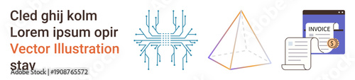 Technology, finance, billing, geometry, digital systems, education. Minimalist illustration showing a tech circuit, pyramid geometry and financial invoice. Technology and finance