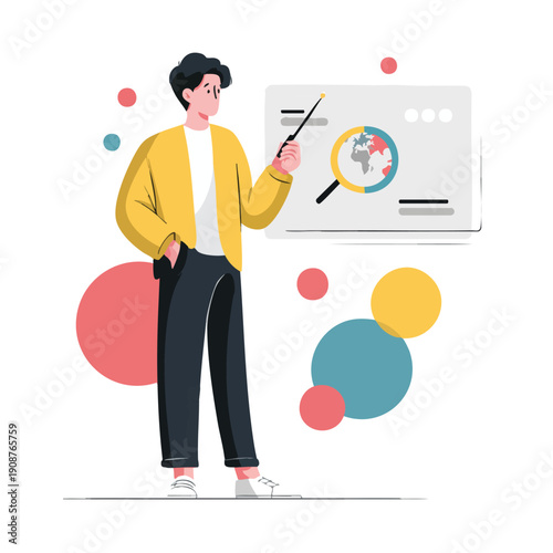 Animated teacher presenting geography lesson to audience.