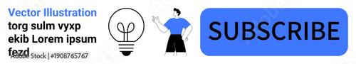 Social media call to action, content creation, online subscription, user engagement, marketing, modern design. Blue subscribe button, person gesturing lightbulb icon. Social media and content