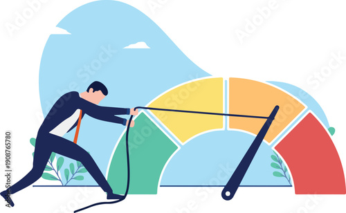 Reduce business risk level - Businessman person working hard on decrease financial red alert meter and lower danger indicator on scale. Flat design vector stock illustration with white background.