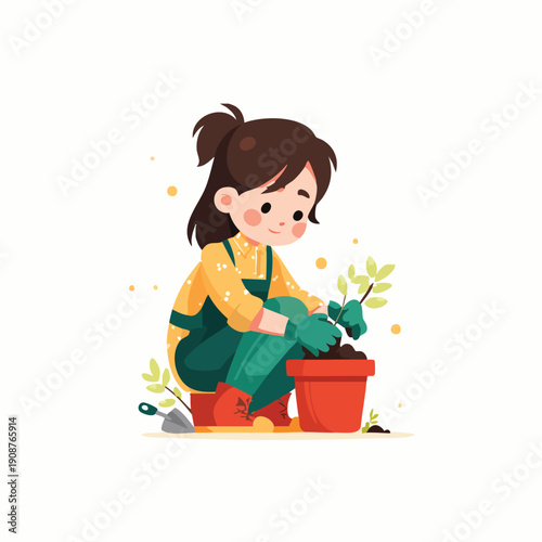 young girl planting a seedling in a pot.