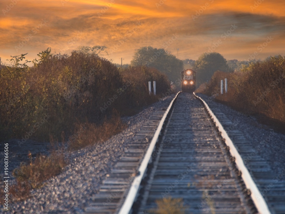 Obraz premium A freight train speeding along rural railroad tracks at sunset or sunrise.