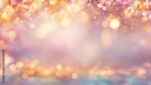Dreamy, blurred bokeh scene, pink and gold floral blossoms, delicate and ethereal
