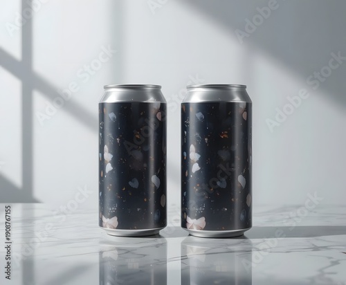 Two beverage cans with abstract designs on a marble surface illuminated by natural light from a window