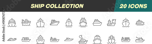 Collection of Line Signs of Ship. Suitable for books, stores, shops. Editable stroke in minimalistic outline style. Symbol for design