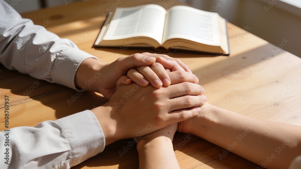 Obraz premium Hands clasped together on wooden table