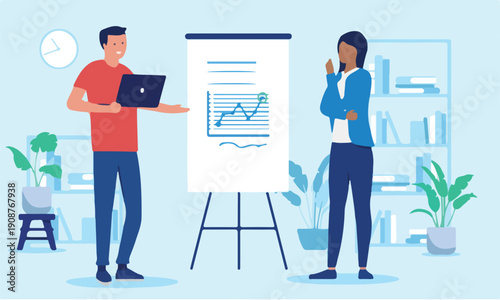  Work presentation - Two people in office presenting business and project results on flip over board with rising graph while smiling. Flat design vector illustration.