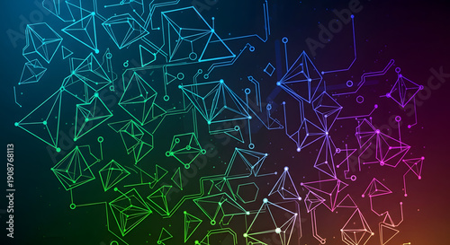 Geometric Digital Network with Glowing Colorful Connectivity Lines