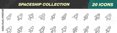 Collection of Icons of Spaceship. Suitable for books, stores, shops. Editable stroke in minimalistic outline style. Symbol for design