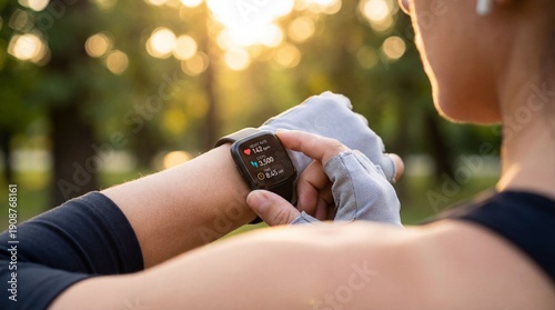 Woman checking smartwatch while exercising outdoors during sunrise