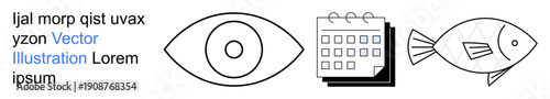 Vision, time management, marine life, data tracking, artistic design, abstract . Minimalist designs of an eye, calendar and fish. Vision and time management through modern icons