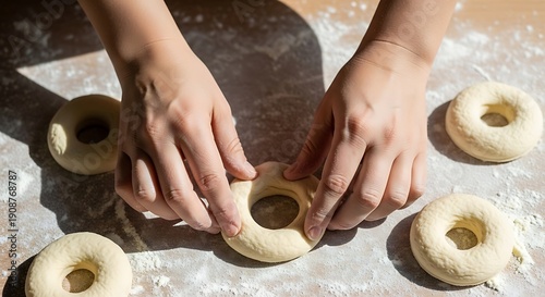Hands shaping dough rings on a wooden table, preparing homemade donuts for baking and enjoying a sweet treat
