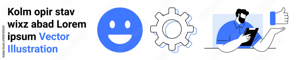 Fototapeta premium Business communication, technology tools, user feedback, team collaboration, network solutions, product design. Includes a smiling face, gear tablet and thumbs-up. Business communication and user