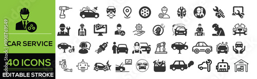 Car service and auto repair line icon set in modern outline style. Collection includes engine, tire, oil change, mechanic, garage, car battery, tools, vehicle maintenance, car inspection.