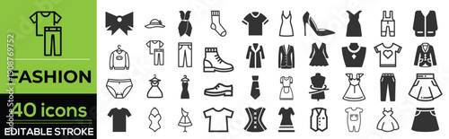 Fashion and clothing line icon set in modern outline style. Collection includes dress, shirt, pants, shoes, hat, bag, accessories, outfit, and style symbols. Editable stroke vector illustration 
