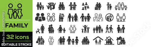 Family and people line icon set in modern outline style. Collection includes parents, children, baby, home, love, care, relationship, community, and family symbols. Editable stroke vector illustration