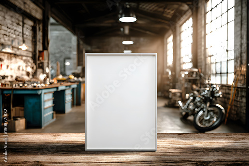 Mockup of a white poster frame on an industrial workshop workbench