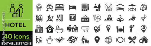 Hotel Line Icon Set – Accommodation, Lodging, Room Symbols Editable stroke vector illustration isolated on white background.