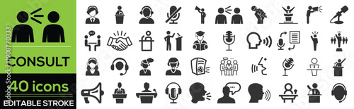 Consult and consulting line icon set in modern outline style. Collection includes business consultation, advice, meeting, professional guidance, client discussion, support, strategy, and advisory 