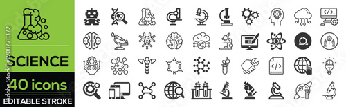 Science and research line icon set in modern outline style. Collection includes laboratory, experiment, chemistry, biology, physics, microscope, test tube, flask, atom, molecule, and research symbols.