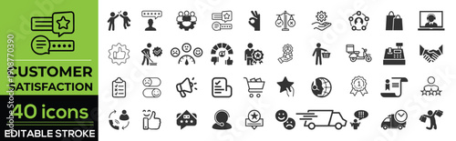 Customer satisfaction and happy client line icon set in modern outline style. Collection includes customer feedback, rating, review, happy client, smiley, satisfaction, star rating, and approval 