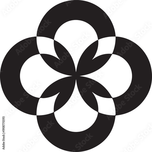 Four interlocking circles forming abstract clover shape with floral elements and geometric pattern