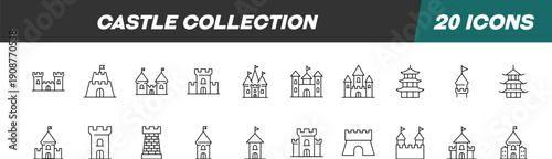 Collection of Signs of Castle. Suitable for books, stores, shops. Editable stroke in minimalistic outline style. Symbol for design