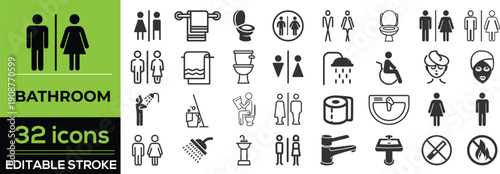 Toilet and restroom line icon set in modern outline style. WC signs including man, woman, shower, baby care, accessible handicap symbol, no smoking, and no trash icons. Editable stroke vector.