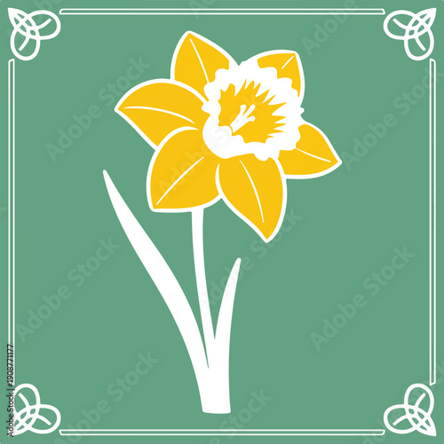 Single bright yellow daffodil flower with green stem centered on teal framed background